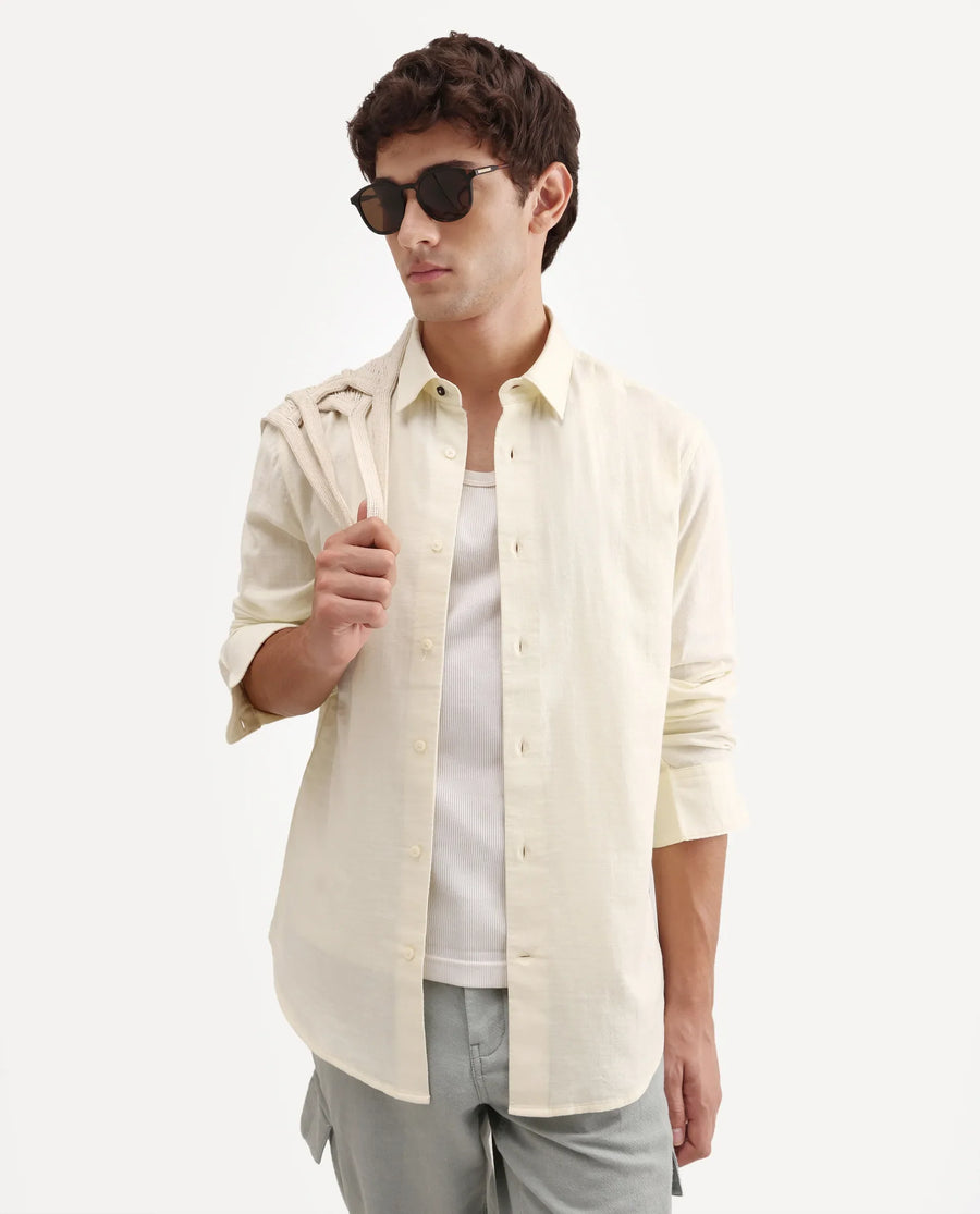 Rare Rabbit Men's Layer-Ls-Aw26 Off White Cotton Spread Collar Regular Plain Shirt