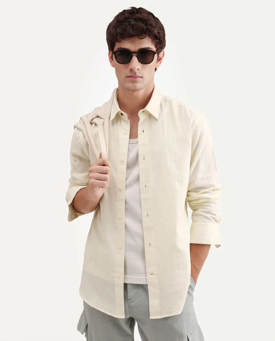 Rare Rabbit Men's Layer-Ls-Aw26 Off White Cotton Spread Collar Regular Plain Shirt