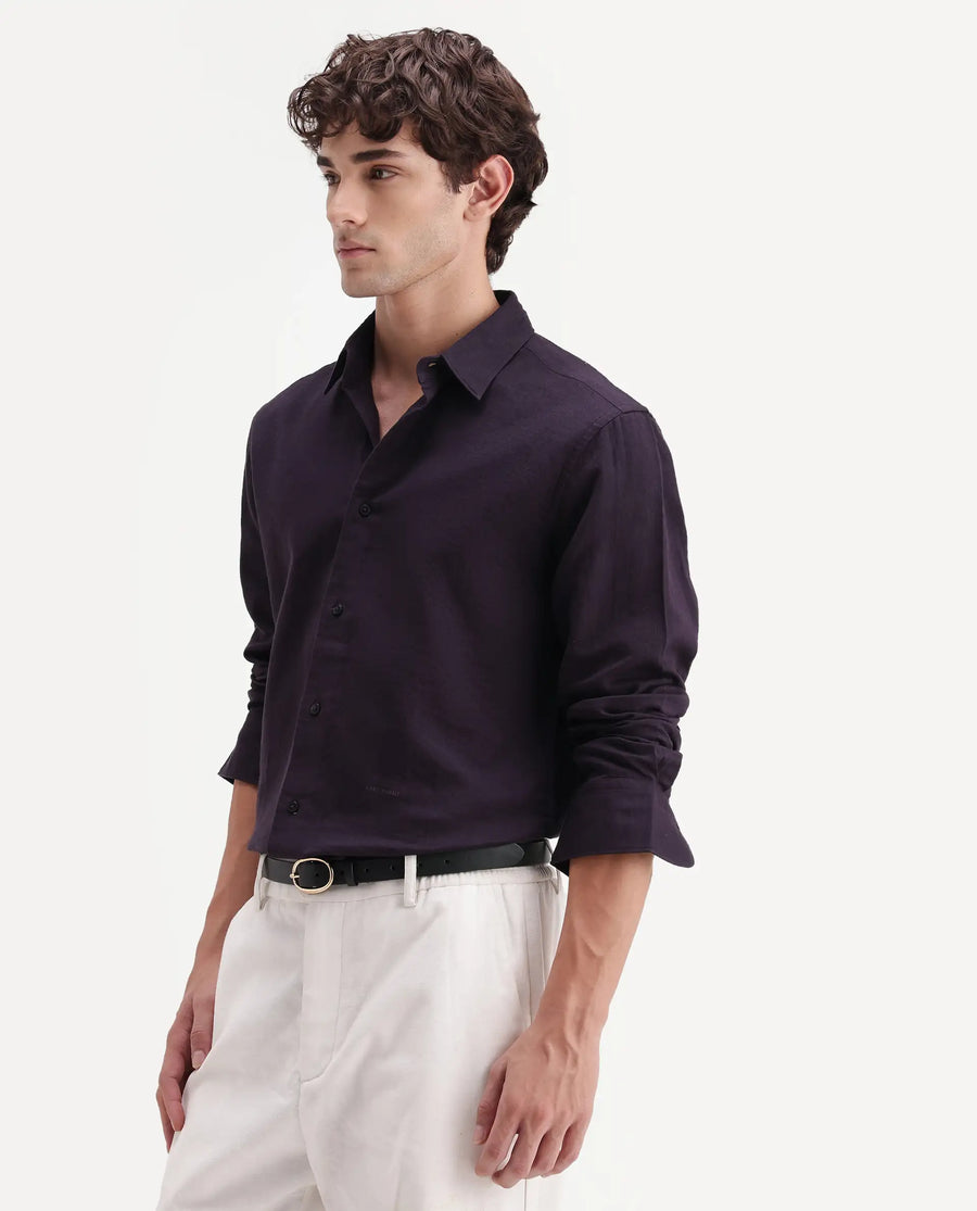 Rare Rabbit Men's Layer-Ls-Aw26 Dark Purple Cotton Spread Collar Regular Plain Shirt