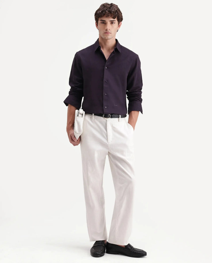 Rare Rabbit Men's Layer-Ls-Aw26 Dark Purple Cotton Spread Collar Regular Plain Shirt