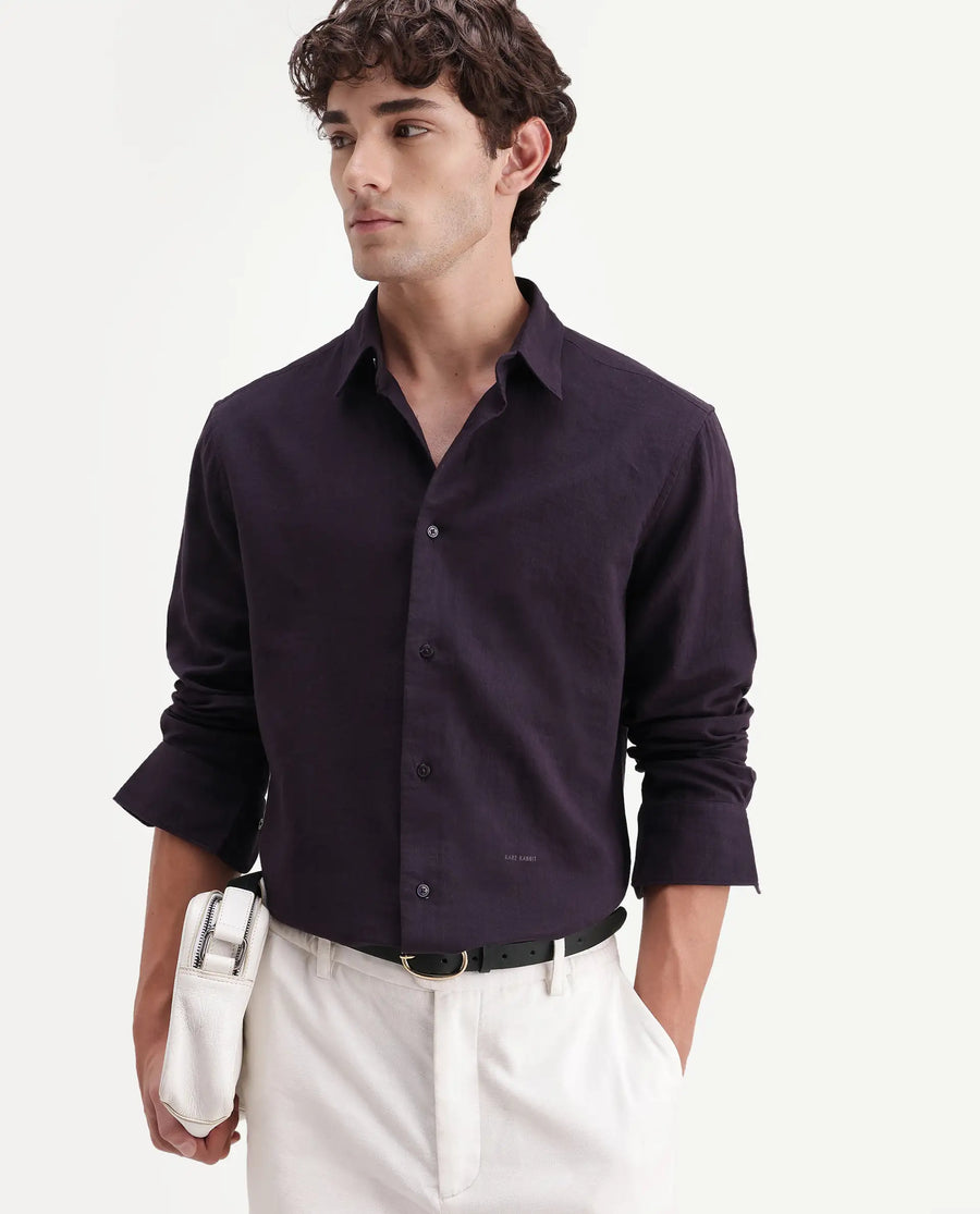 Rare Rabbit Men's Layer-Ls-Aw26 Dark Purple Cotton Spread Collar Regular Plain Shirt
