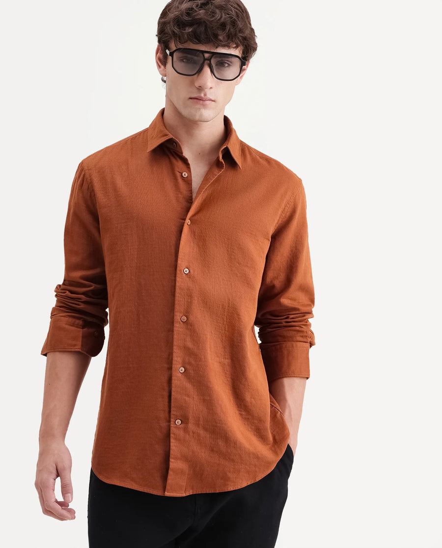 Rare Rabbit Men's Layer-Ls-Aw26 Dusky Rust Cotton Spread Collar Regular Plain Shirt