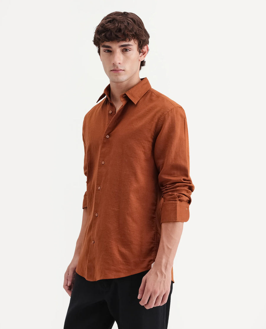Rare Rabbit Men's Layer-Ls-Aw26 Dusky Rust Cotton Spread Collar Regular Plain Shirt