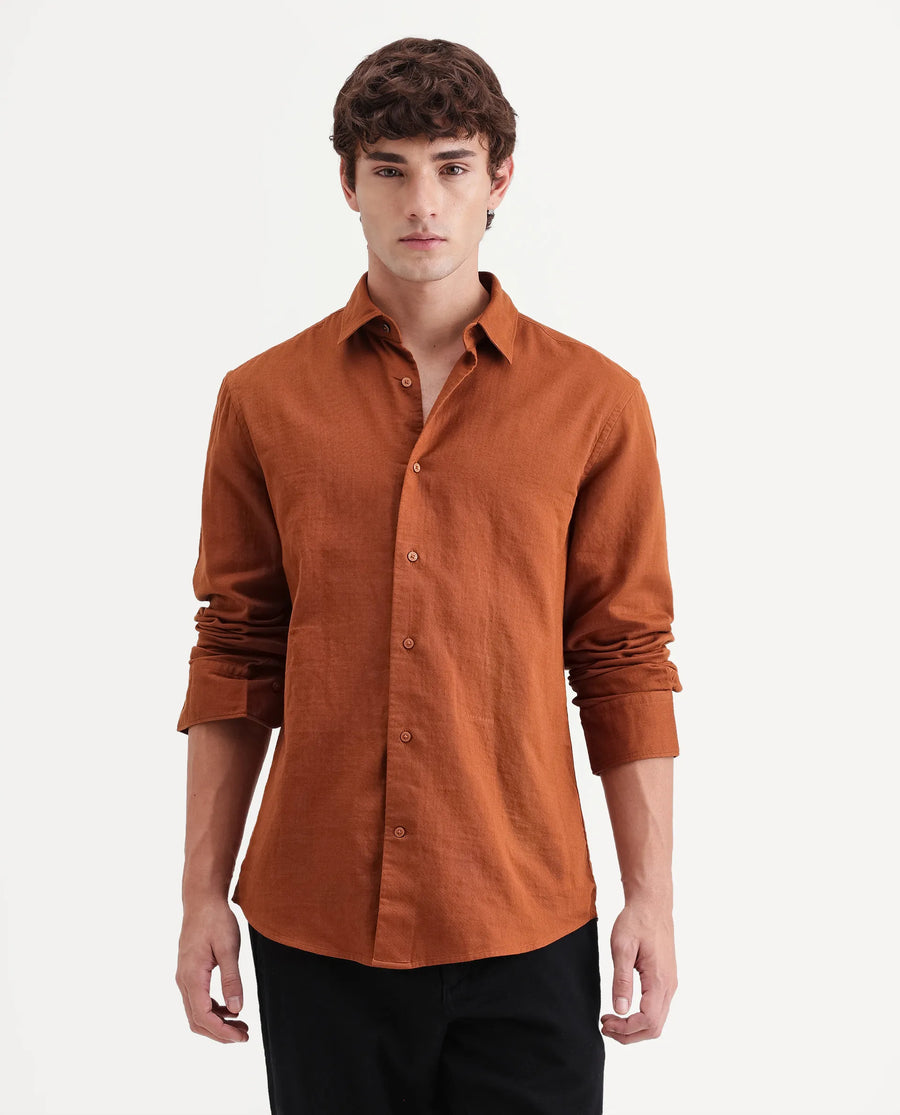 Rare Rabbit Men's Layer-Ls-Aw26 Dusky Rust Cotton Spread Collar Regular Plain Shirt