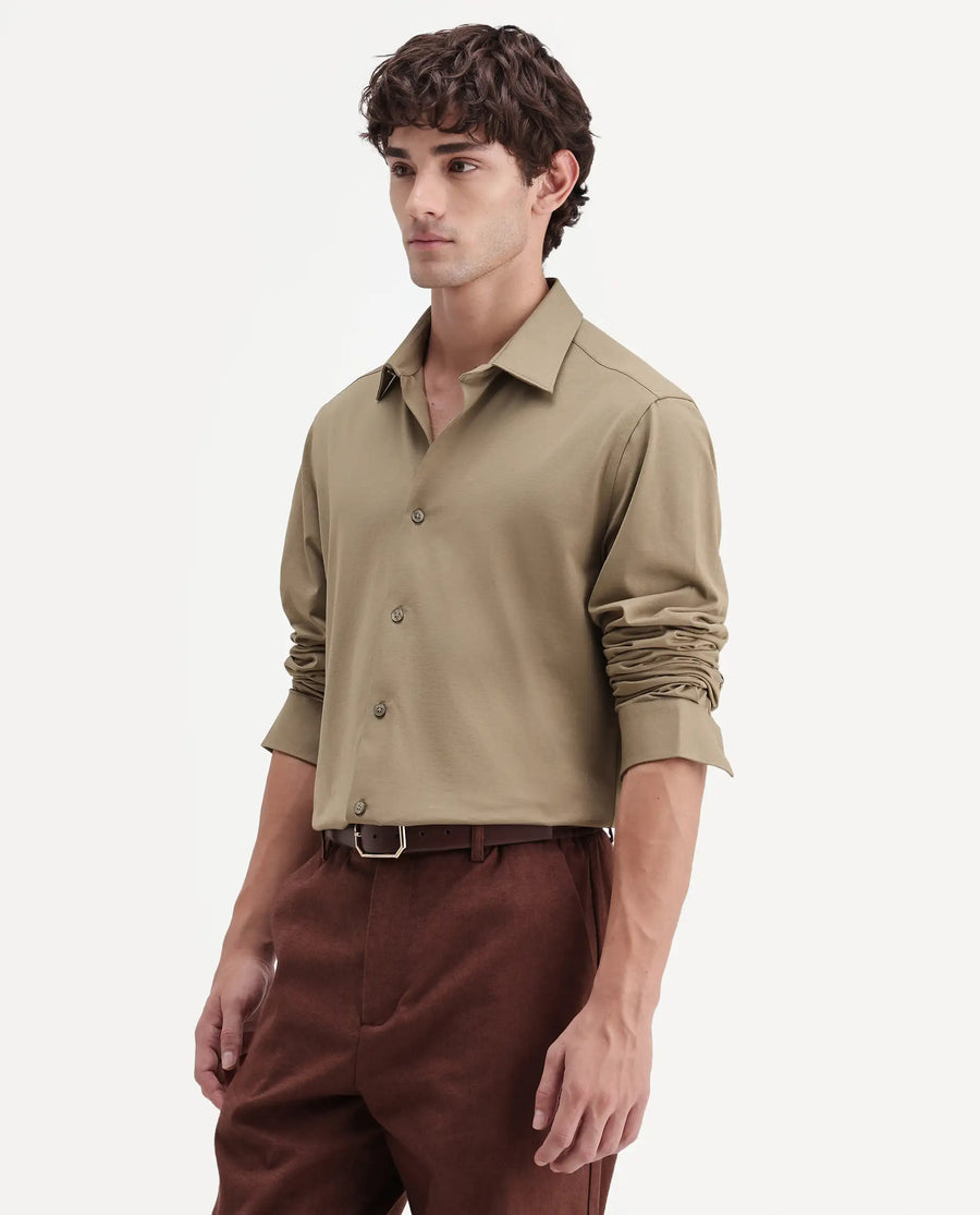 Rare Rabbit Men's Tour-Aw26 Dusky Green Cotton Blend Spread Collar Regular Plain Shirt