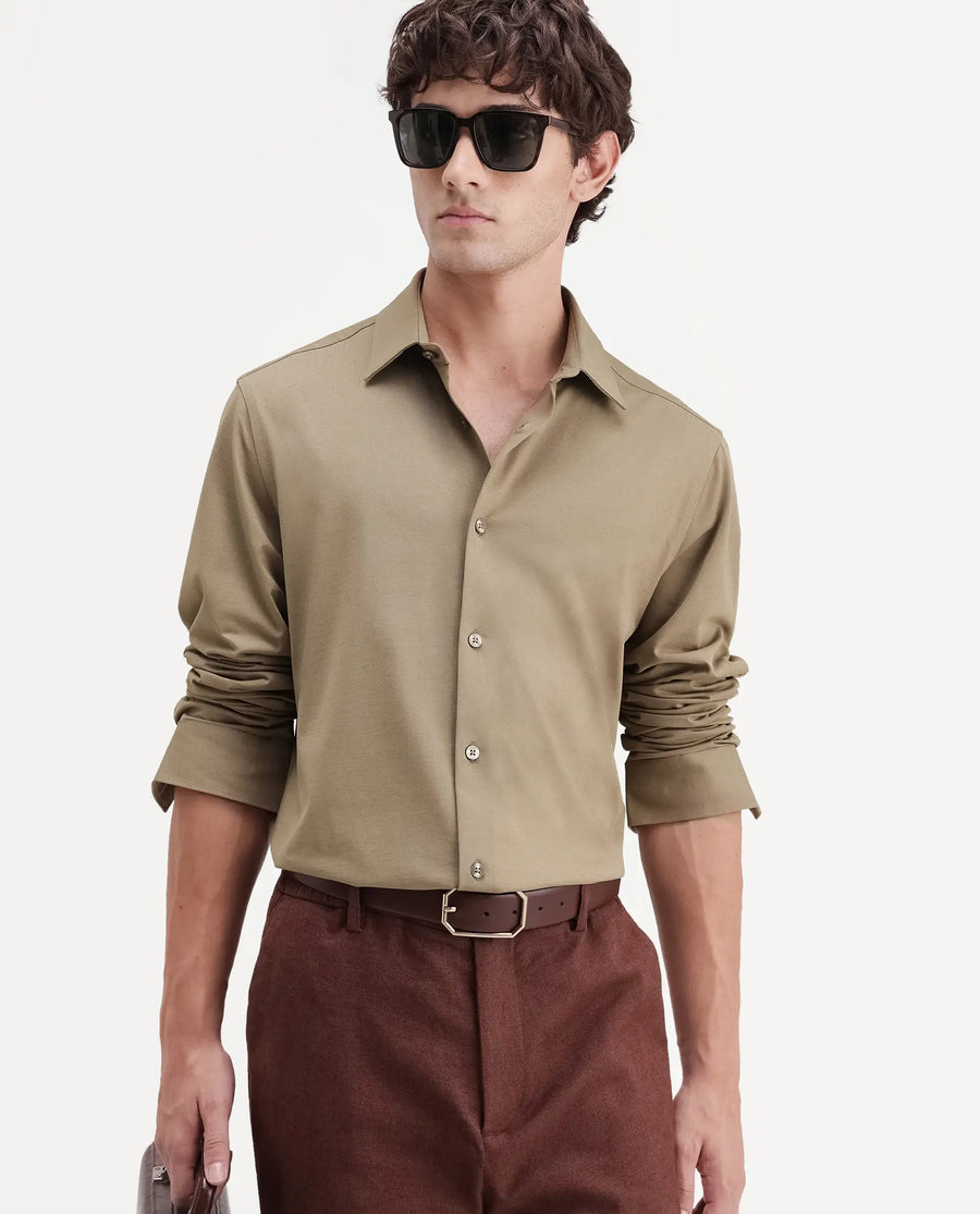 Rare Rabbit Men's Tour-Aw26 Dusky Green Cotton Blend Spread Collar Regular Plain Shirt