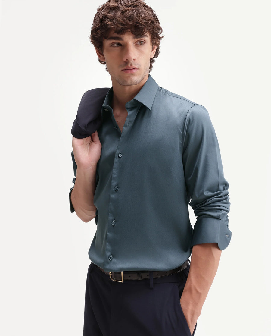 Rare Rabbit Men's Holla-Aw26 Dusky Blue Cotton Blend Spread Collar Regular Plain Shirt