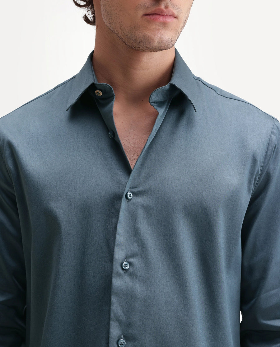 Rare Rabbit Men's Holla-Aw26 Dusky Blue Cotton Blend Spread Collar Regular Plain Shirt
