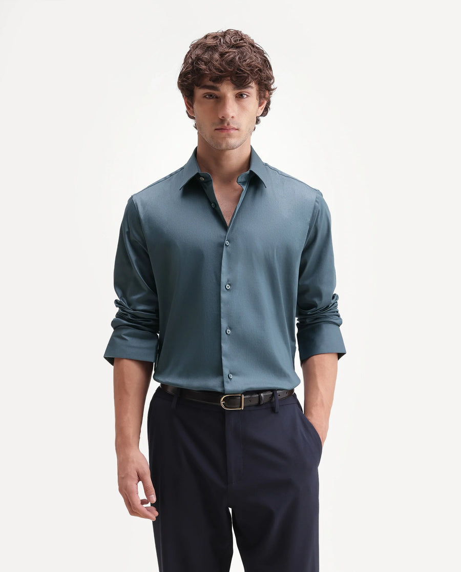 Rare Rabbit Men's Holla-Aw26 Dusky Blue Cotton Blend Spread Collar Regular Plain Shirt