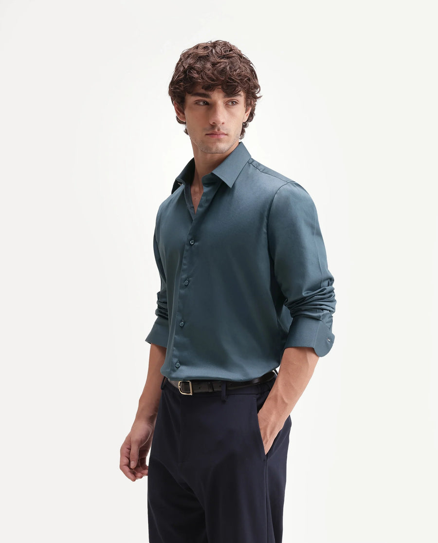 Rare Rabbit Men's Holla-Aw26 Dusky Blue Cotton Blend Spread Collar Regular Plain Shirt