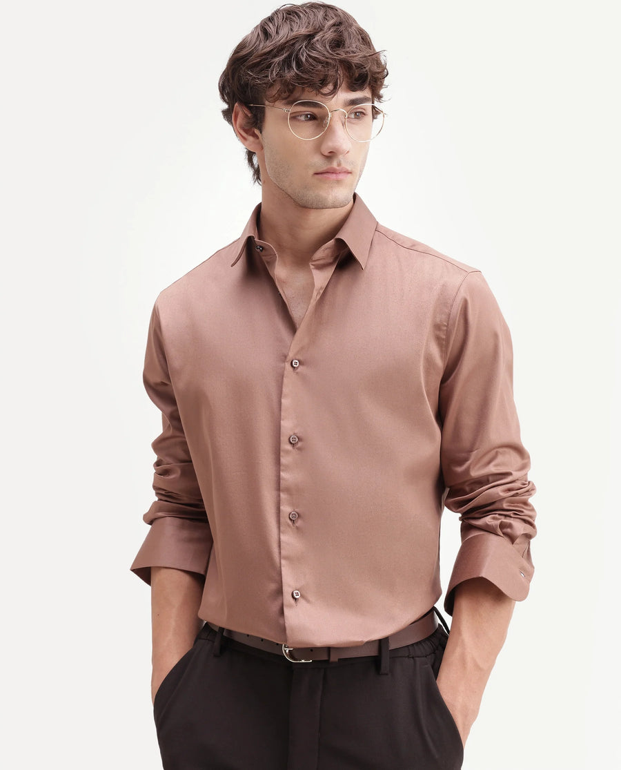 Rare Rabbit Men's Holla-Aw26 Light Brown Cotton Blend Spread Collar Regular Plain Shirt