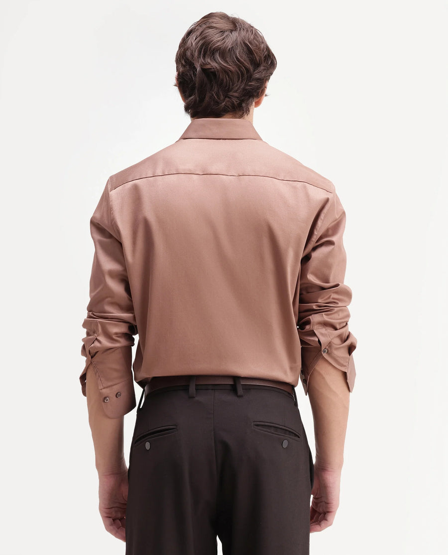 Rare Rabbit Men's Holla-Aw26 Light Brown Cotton Blend Spread Collar Regular Plain Shirt