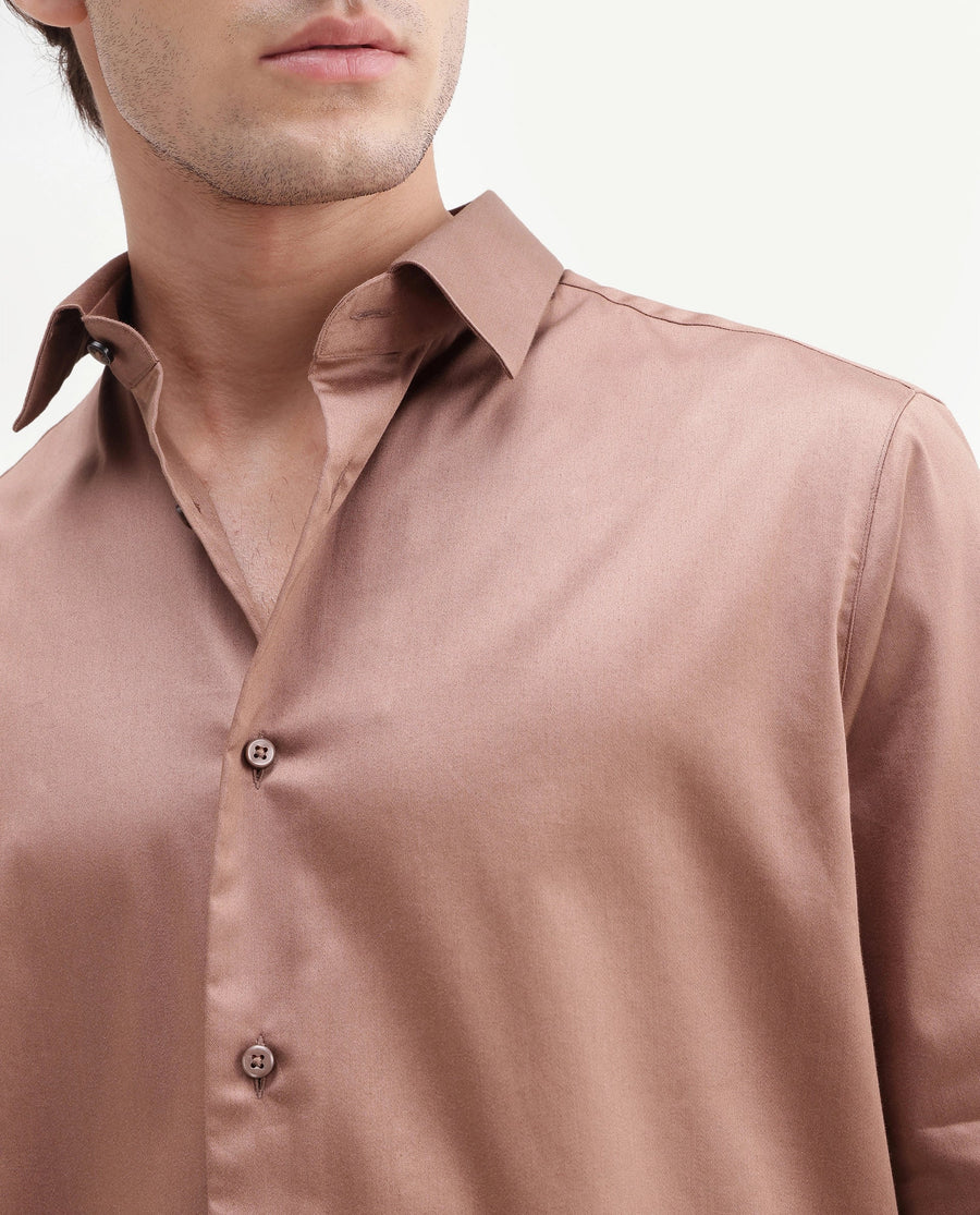 Rare Rabbit Men's Holla-Aw26 Light Brown Cotton Blend Spread Collar Regular Plain Shirt
