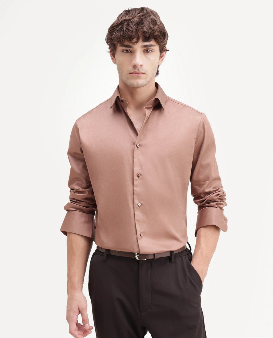 Rare Rabbit Men's Holla-Aw26 Light Brown Cotton Blend Spread Collar Regular Plain Shirt