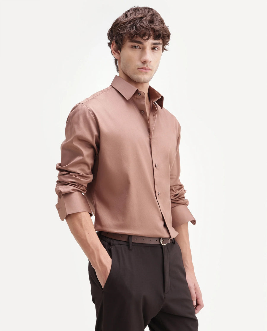 Rare Rabbit Men's Holla-Aw26 Light Brown Cotton Blend Spread Collar Regular Plain Shirt