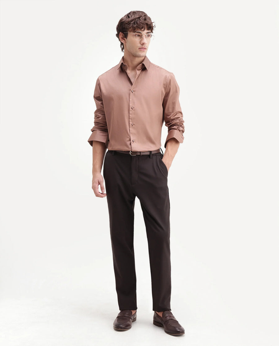 Rare Rabbit Men's Holla-Aw26 Light Brown Cotton Blend Spread Collar Regular Plain Shirt