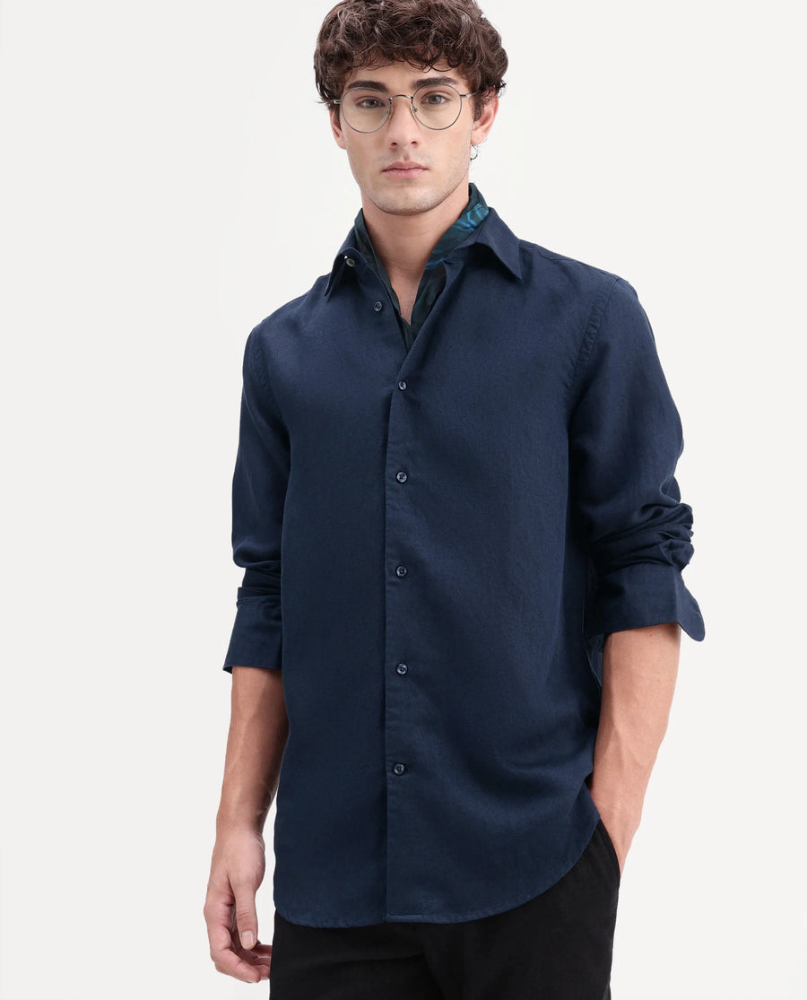 Rare Rabbit Men's Linex-Ls-Aw26 Dark Navy Linen Blend Spread Collar Regular Fit Plain Shirt