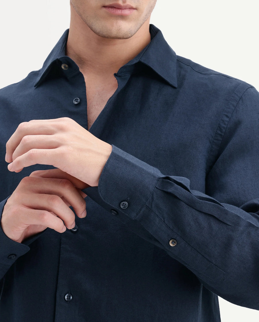 Rare Rabbit Men's Linex-Ls-Aw26 Dark Navy Linen Blend Spread Collar Regular Fit Plain Shirt