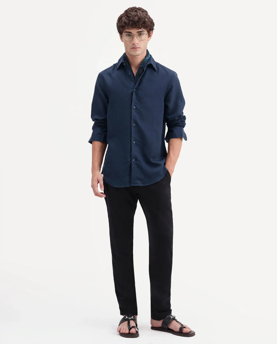 Rare Rabbit Men's Linex-Ls-Aw26 Dark Navy Linen Blend Spread Collar Regular Fit Plain Shirt