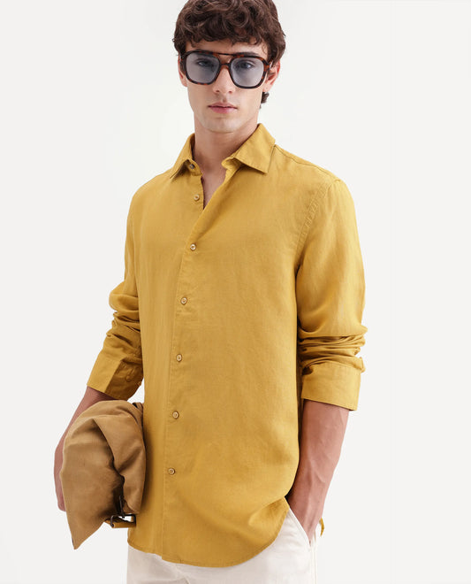Rare Rabbit Men's Linex-Ls-Aw26 Dusky Mustard Linen Blend Spread Collar Regular Fit Plain Shirt