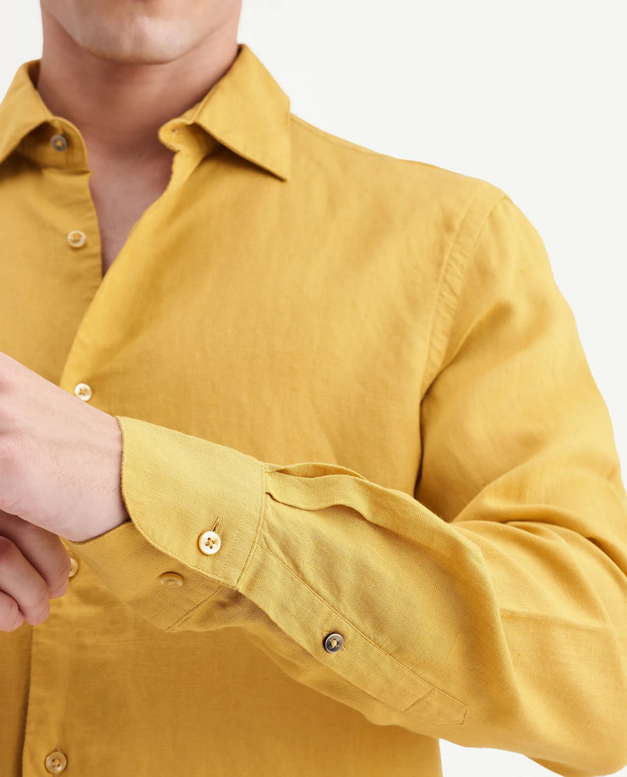 Rare Rabbit Men's Linex-Ls-Aw26 Dusky Mustard Linen Blend Spread Collar Regular Fit Plain Shirt