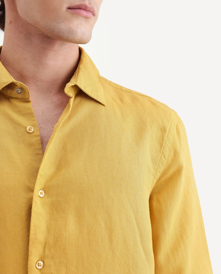 Rare Rabbit Men's Linex-Ls-Aw26 Dusky Mustard Linen Blend Spread Collar Regular Fit Plain Shirt