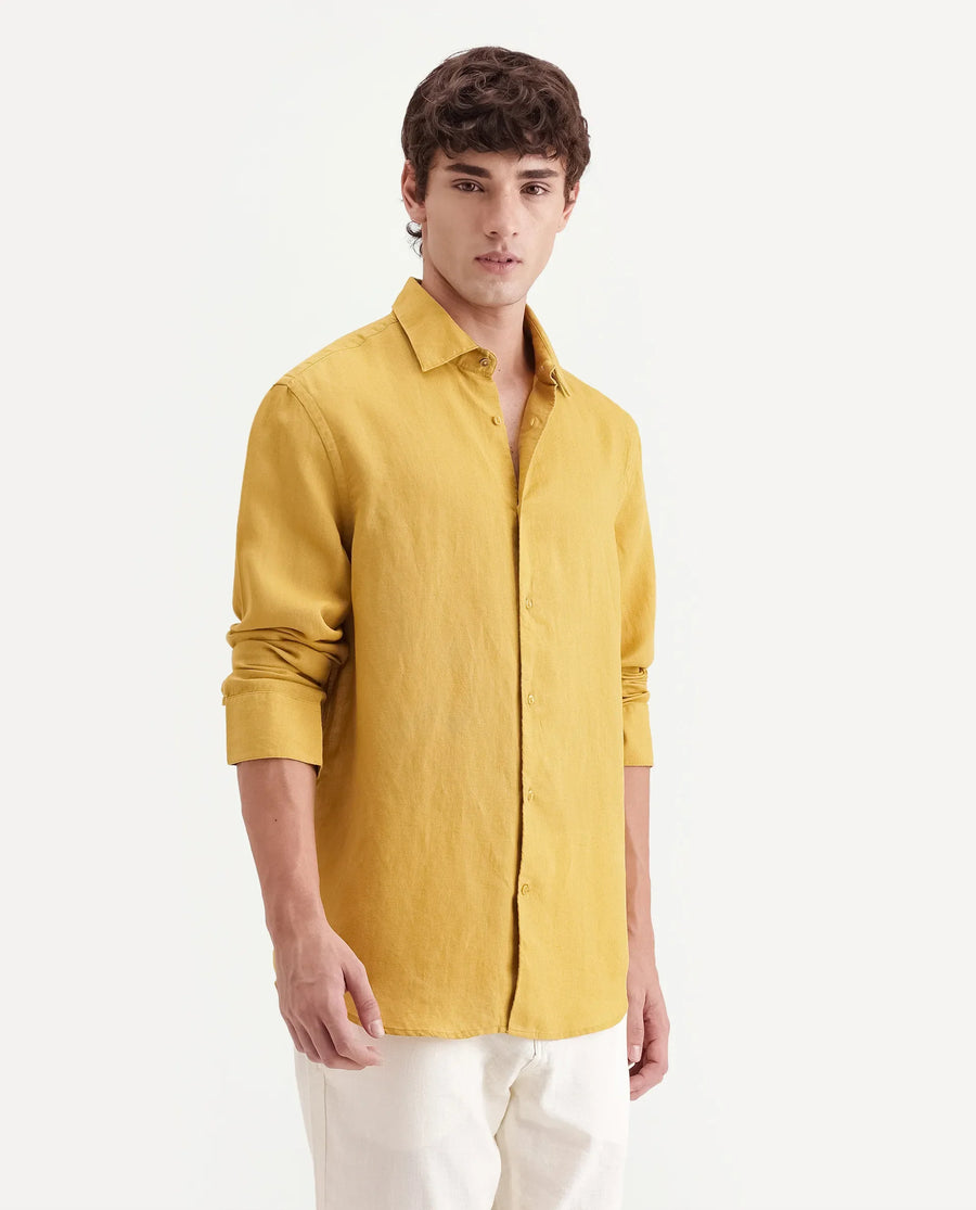 Rare Rabbit Men's Linex-Ls-Aw26 Dusky Mustard Linen Blend Spread Collar Regular Fit Plain Shirt