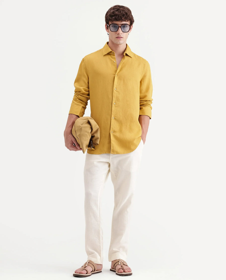 Rare Rabbit Men's Linex-Ls-Aw26 Dusky Mustard Linen Blend Spread Collar Regular Fit Plain Shirt