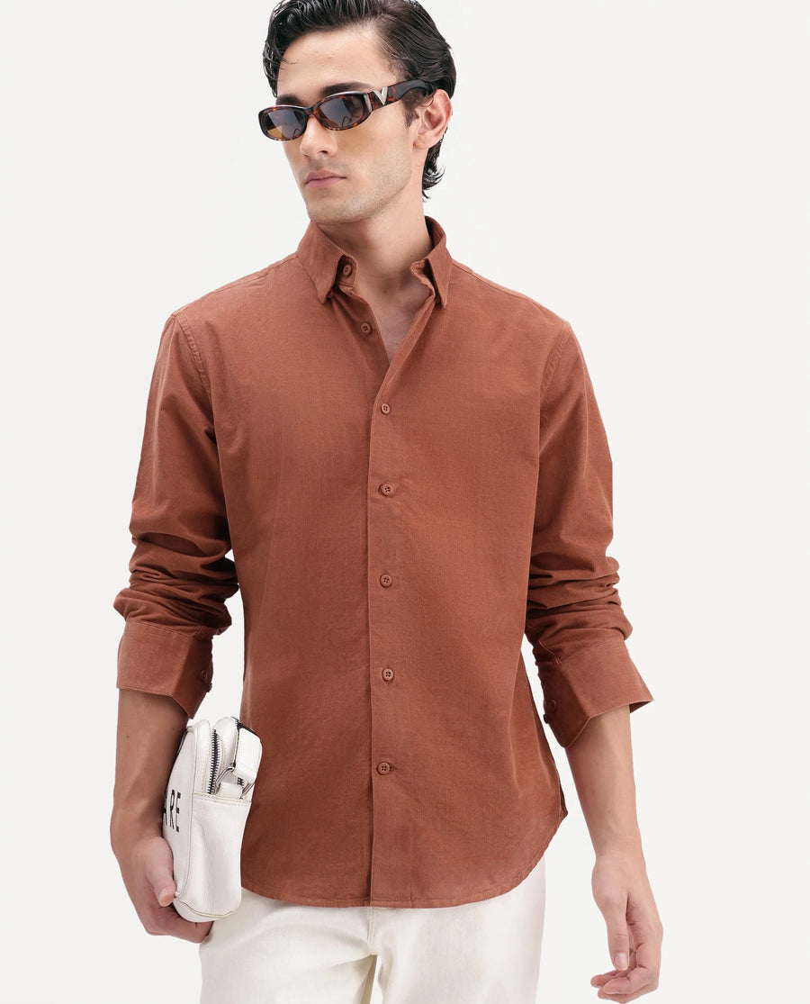 Rare Rabbit Men's Buita-Aw26 Light Rust Cotton Spread Collar Regular Fit Plain Shirt