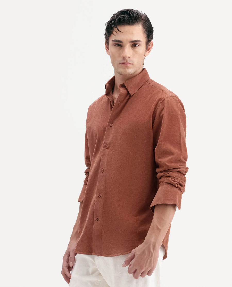 Rare Rabbit Men's Buita-Aw26 Light Rust Cotton Spread Collar Regular Fit Plain Shirt