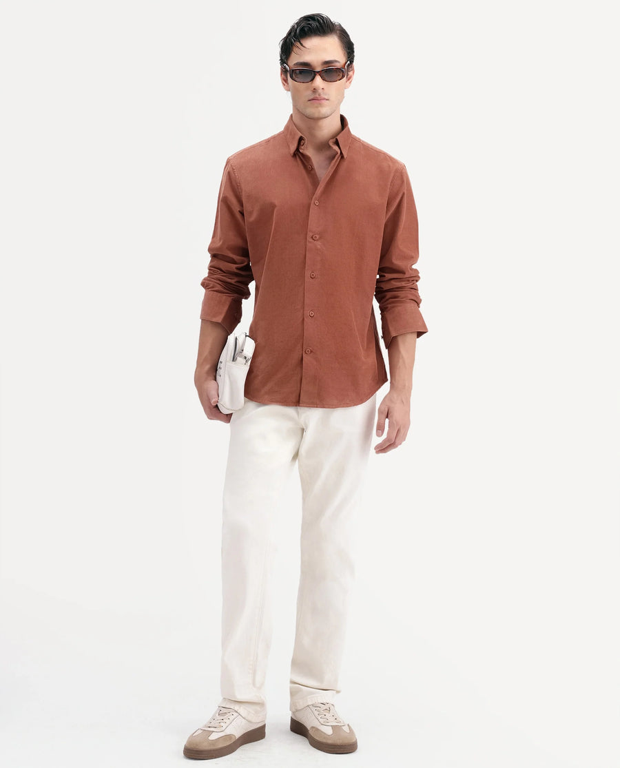 Rare Rabbit Men's Buita-Aw26 Light Rust Cotton Spread Collar Regular Fit Plain Shirt
