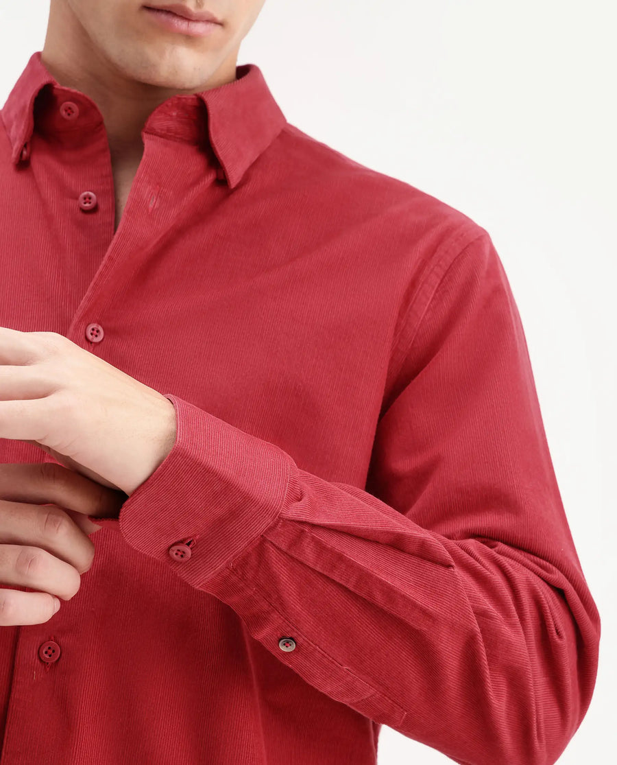 Rare Rabbit Men's Buita-Aw26 Red Cotton Spread Collar Regular Fit Plain Shirt