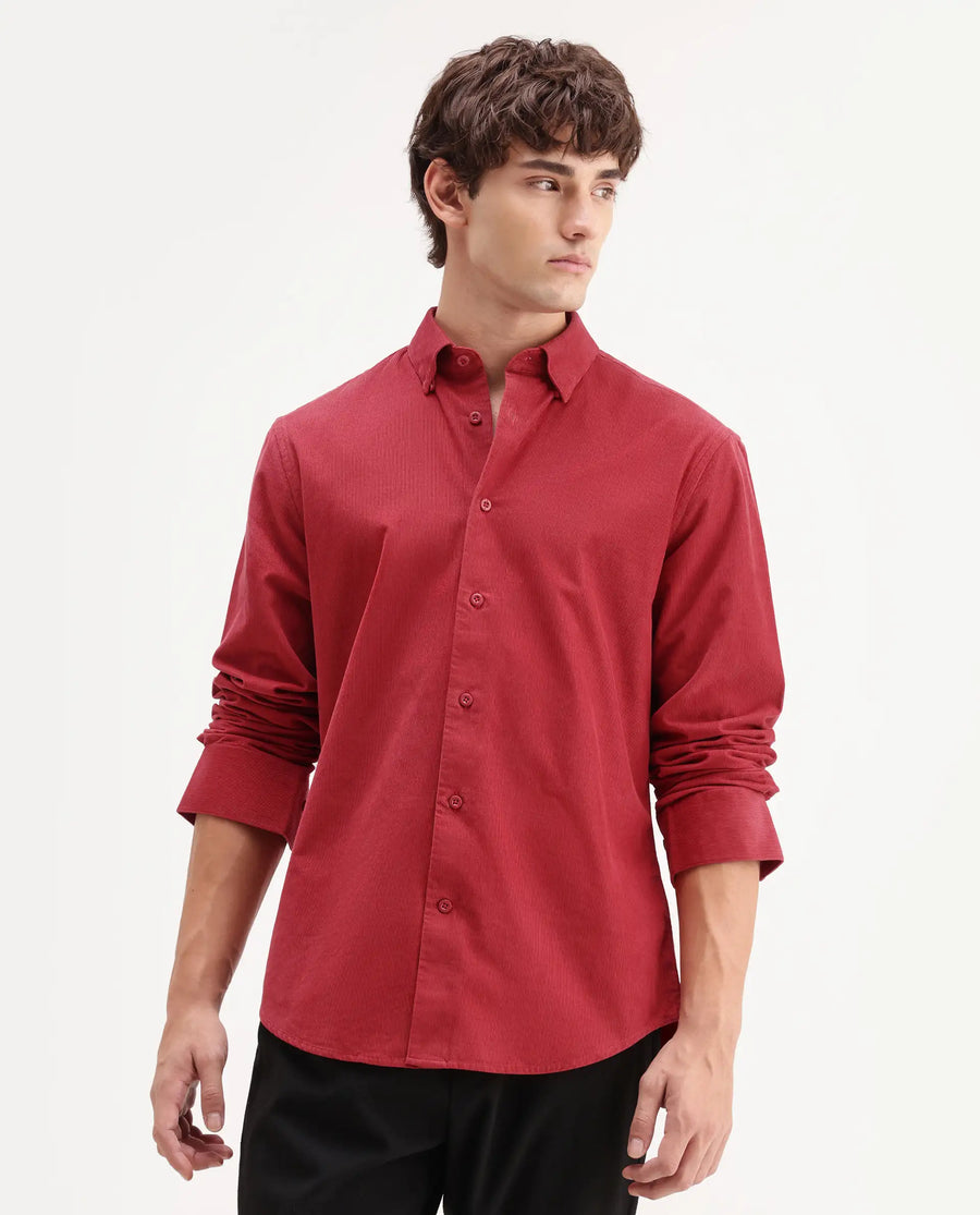 Rare Rabbit Men's Buita-Aw26 Red Cotton Spread Collar Regular Fit Plain Shirt
