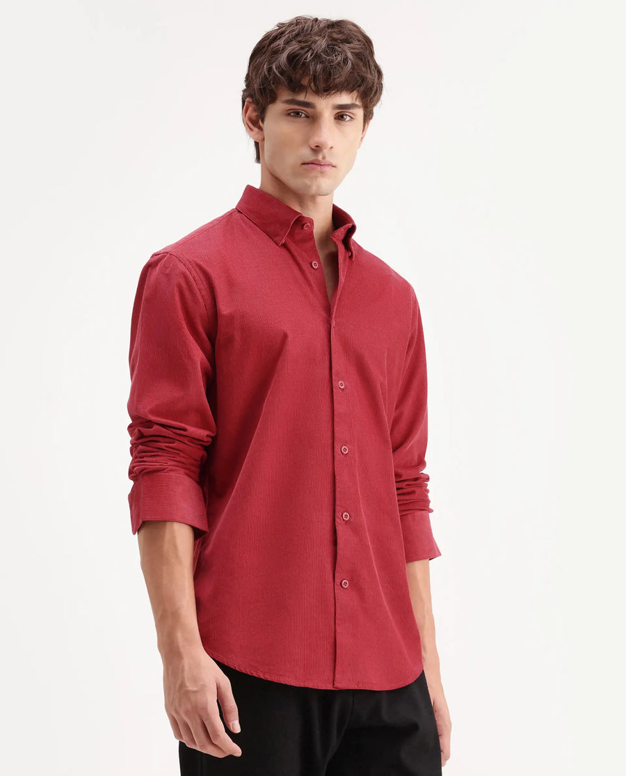 Rare Rabbit Men's Buita-Aw26 Red Cotton Spread Collar Regular Fit Plain Shirt