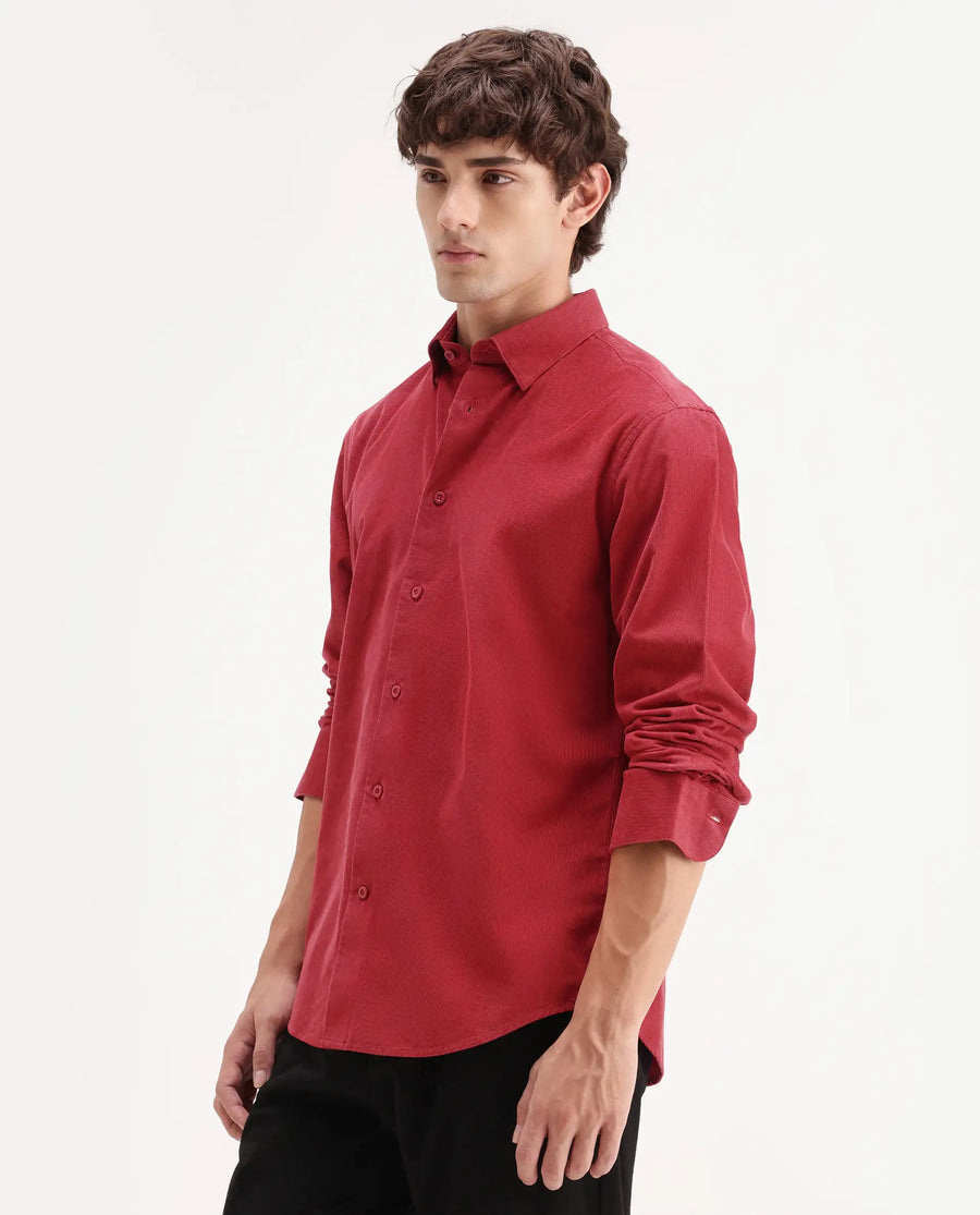 Rare Rabbit Men's Buita-Aw26 Red Cotton Spread Collar Regular Fit Plain Shirt