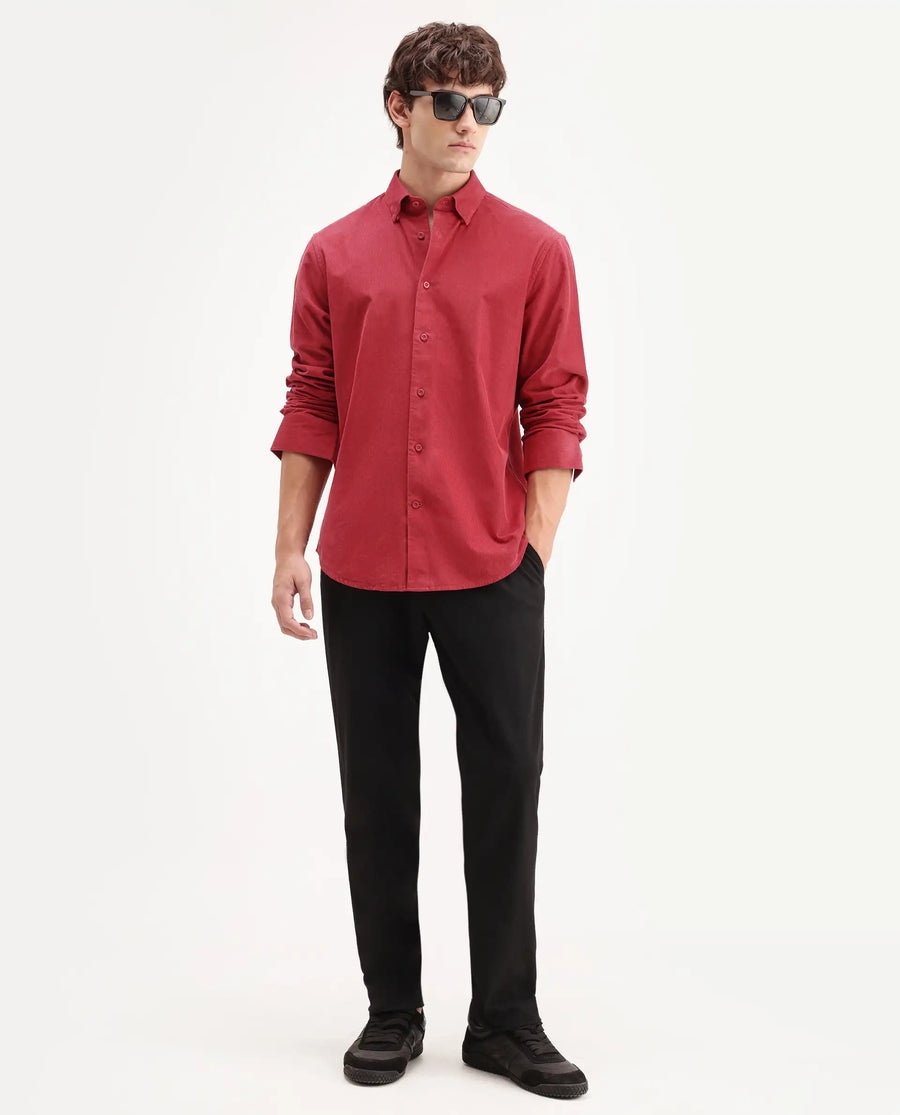 Rare Rabbit Men's Buita-Aw26 Red Cotton Spread Collar Regular Fit Plain Shirt