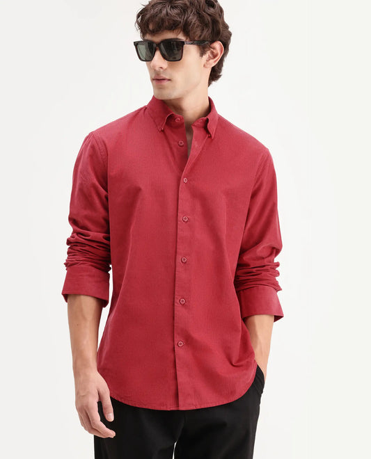 Rare Rabbit Men's Buita-Aw26 Red Cotton Spread Collar Regular Fit Plain Shirt