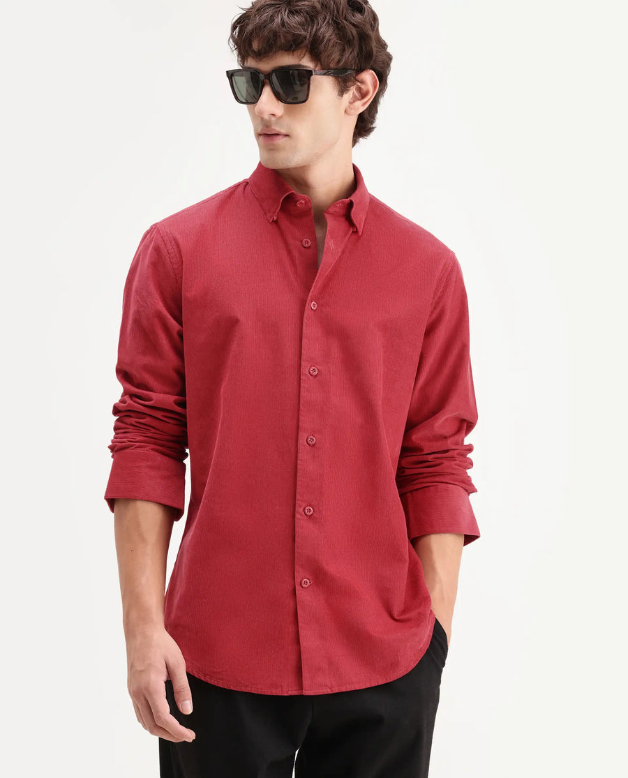 Rare Rabbit Men's Buita-Aw26 Red Cotton Spread Collar Regular Fit Plain Shirt