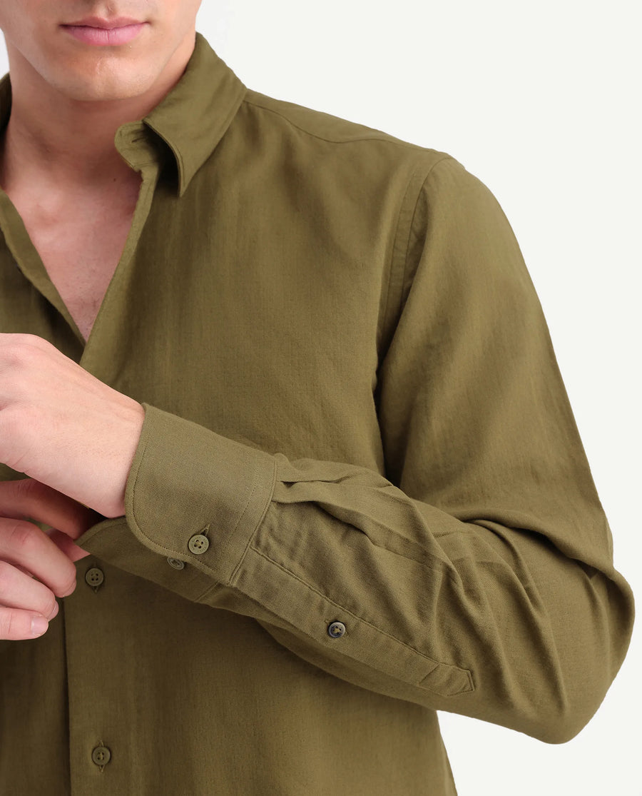 Rare Rabbit Men's Layer-Ls-Aw26 Dusky Green Cotton Spread Collar Regular Plain Shirt
