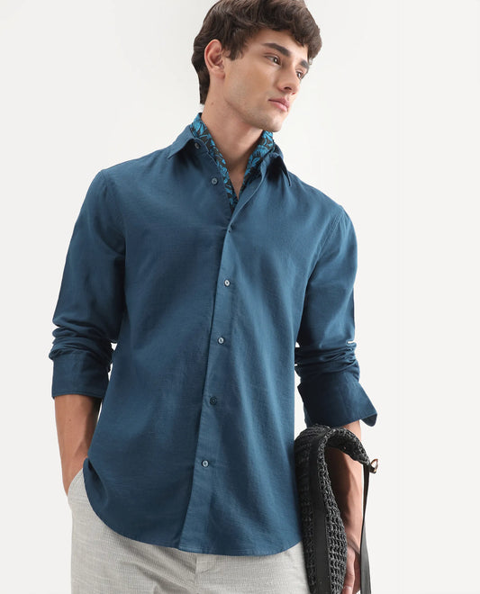 Rare Rabbit Men's Layer-Ls-Aw26 Dark Teal Cotton Spread Collar Regular Plain Shirt