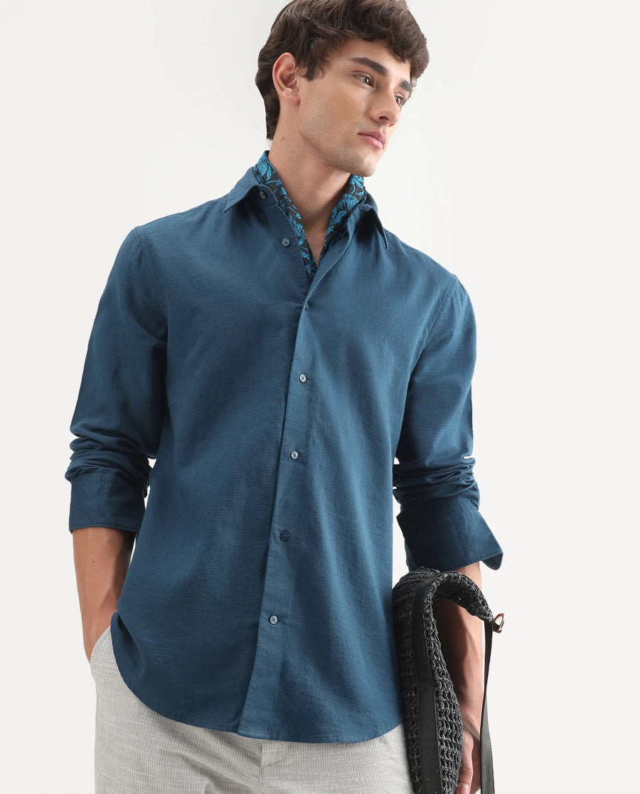 Rare Rabbit Men's Layer-Ls-Aw26 Dark Teal Cotton Spread Collar Regular Plain Shirt