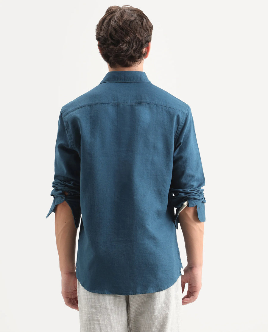 Rare Rabbit Men's Layer-Ls-Aw26 Dark Teal Cotton Spread Collar Regular Plain Shirt