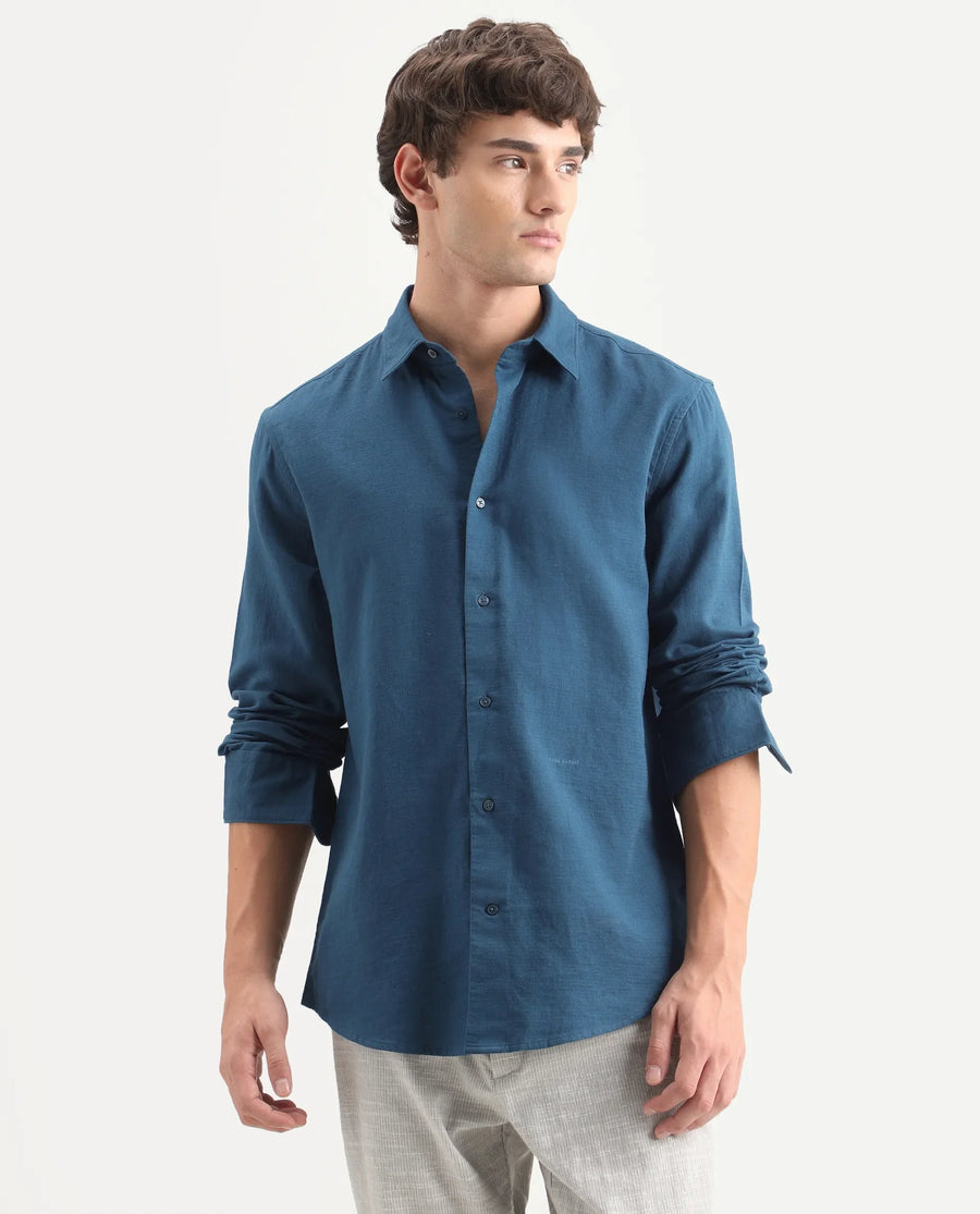 Rare Rabbit Men's Layer-Ls-Aw26 Dark Teal Cotton Spread Collar Regular Plain Shirt