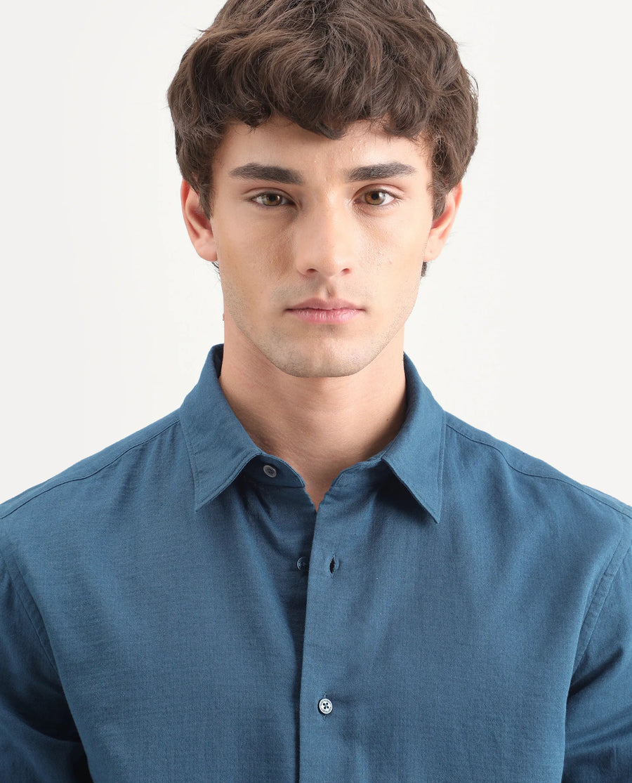 Rare Rabbit Men's Layer-Ls-Aw26 Dark Teal Cotton Spread Collar Regular Plain Shirt