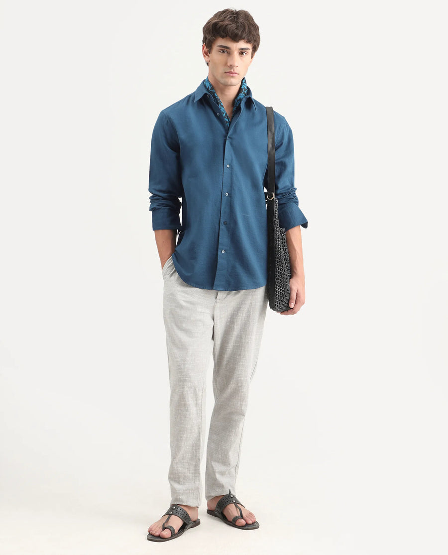 Rare Rabbit Men's Layer-Ls-Aw26 Dark Teal Cotton Spread Collar Regular Plain Shirt