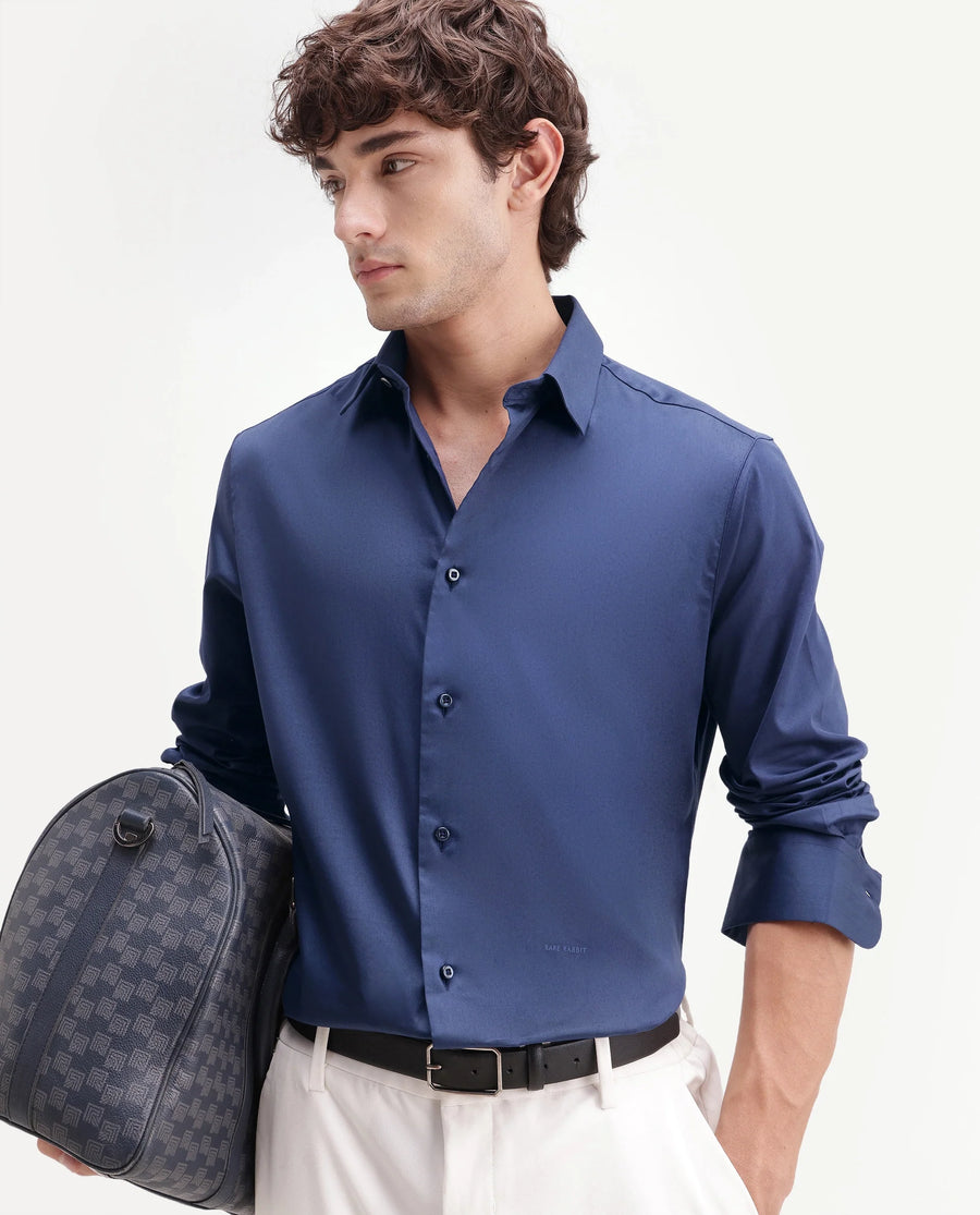 Rare Rabbit Men's Holla-Aw26 Navy Cotton Blend Spread Collar Regular Plain Shirt