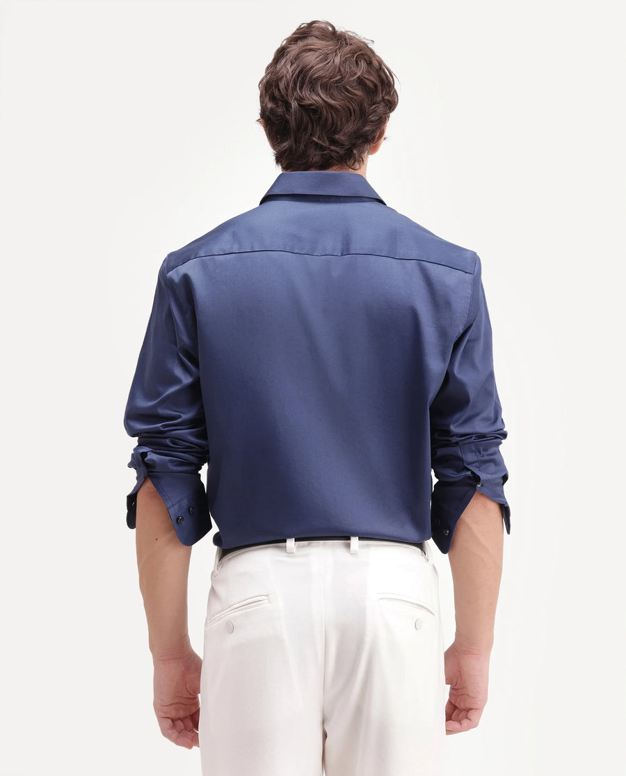 Rare Rabbit Men's Holla-Aw26 Navy Cotton Blend Spread Collar Regular Plain Shirt