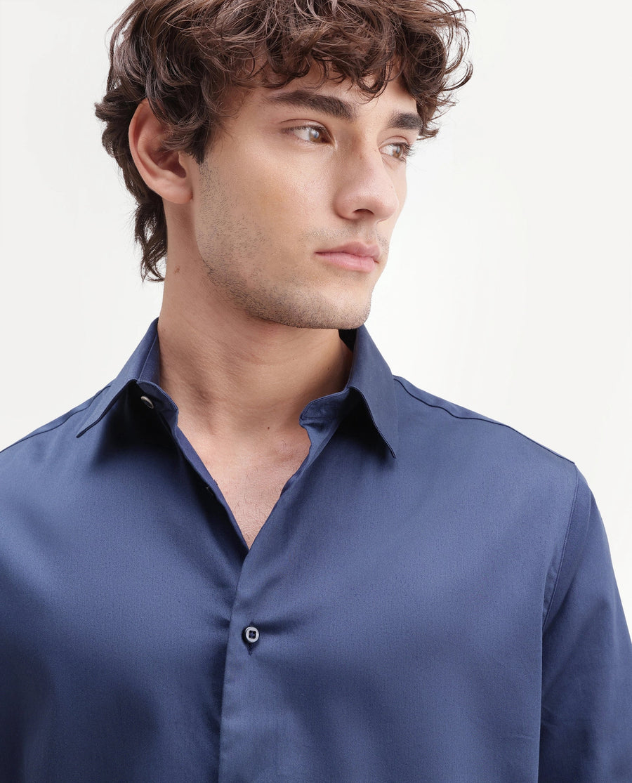 Rare Rabbit Men's Holla-Aw26 Navy Cotton Blend Spread Collar Regular Plain Shirt