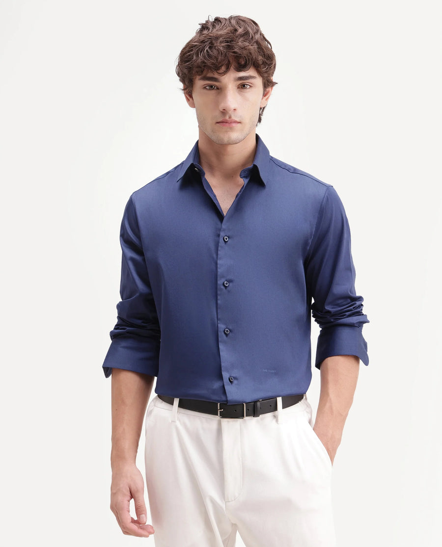Rare Rabbit Men's Holla-Aw26 Navy Cotton Blend Spread Collar Regular Plain Shirt