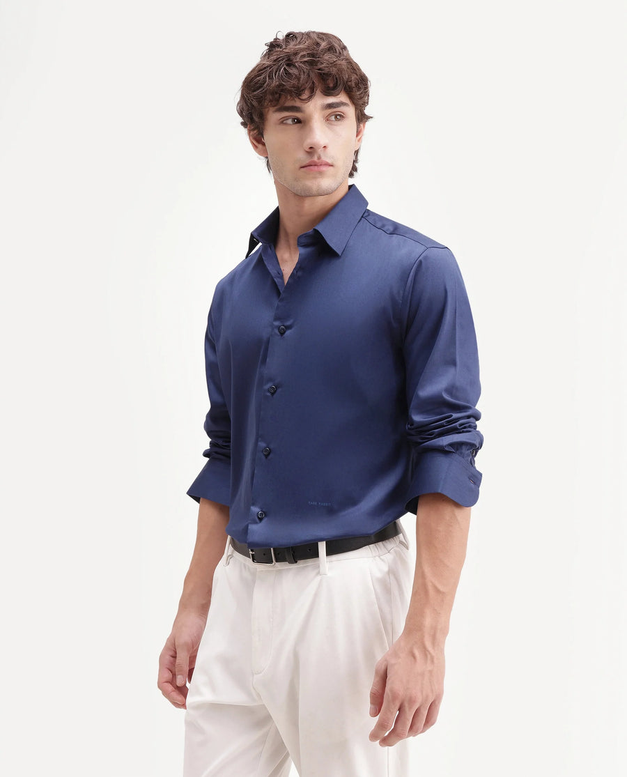 Rare Rabbit Men's Holla-Aw26 Navy Cotton Blend Spread Collar Regular Plain Shirt